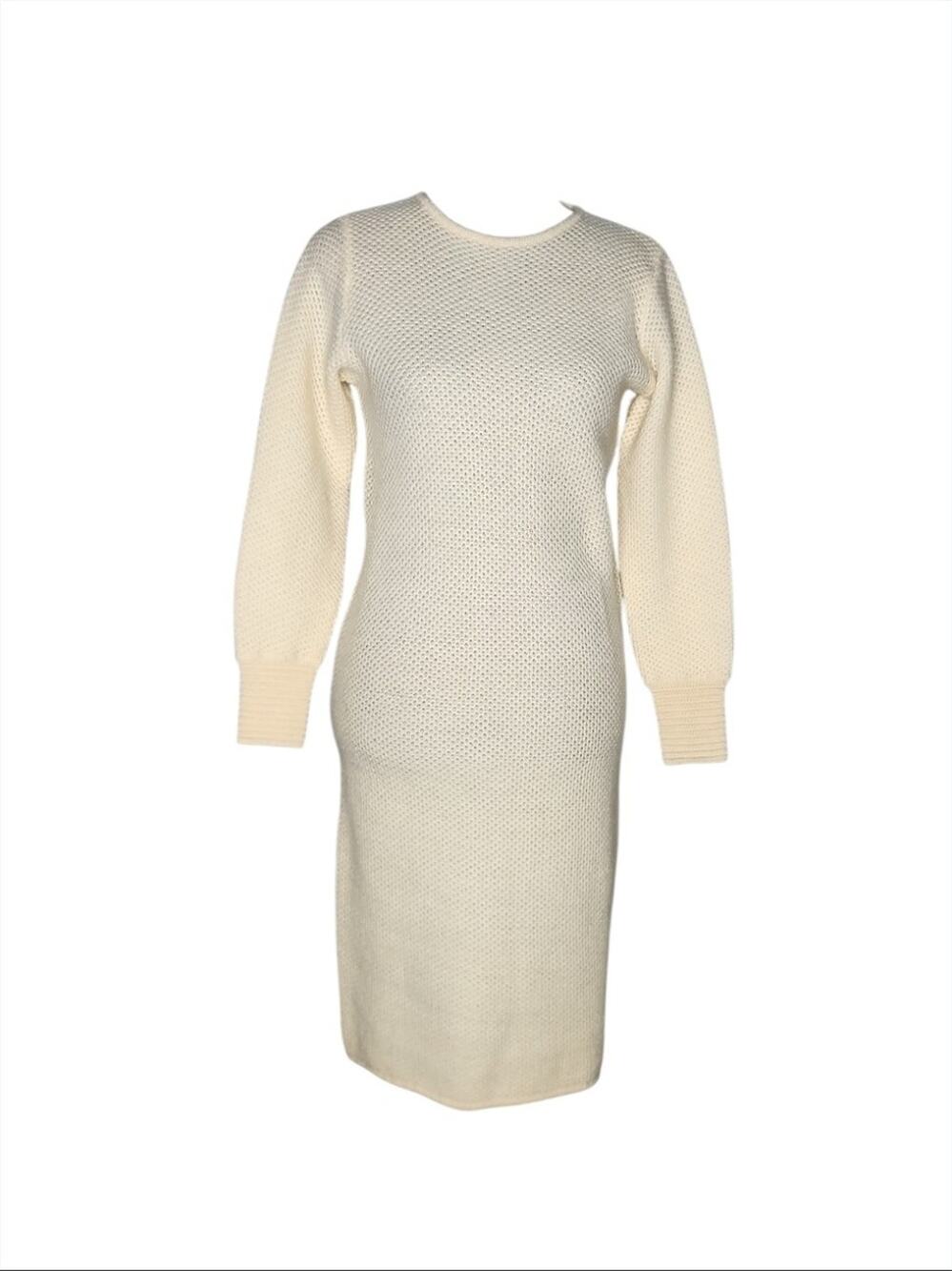 Mary McFadden Vtg 80s Knitwear 100% Wool Ivory Sweater Dress Women's Size Small
